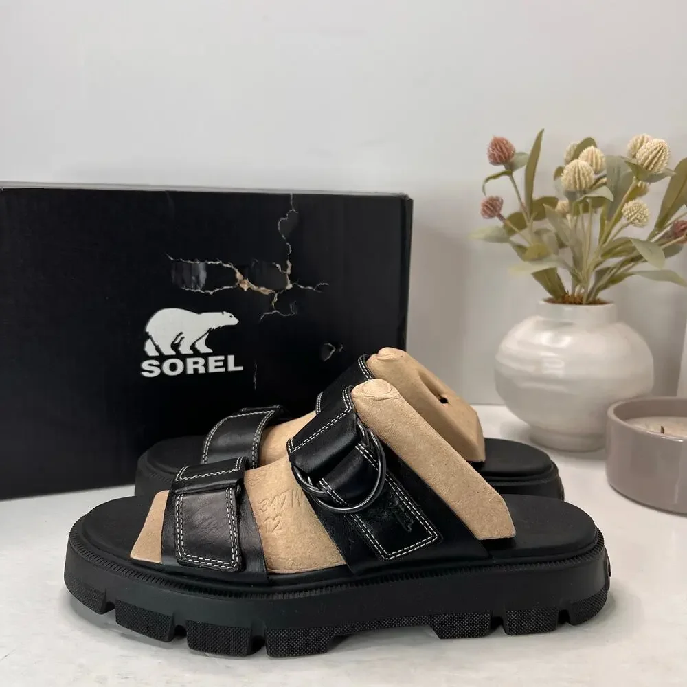 Sorel Rein CB Slide Leather Platform Sandal Black Women's 11 Tried On - Picture 3 of 11